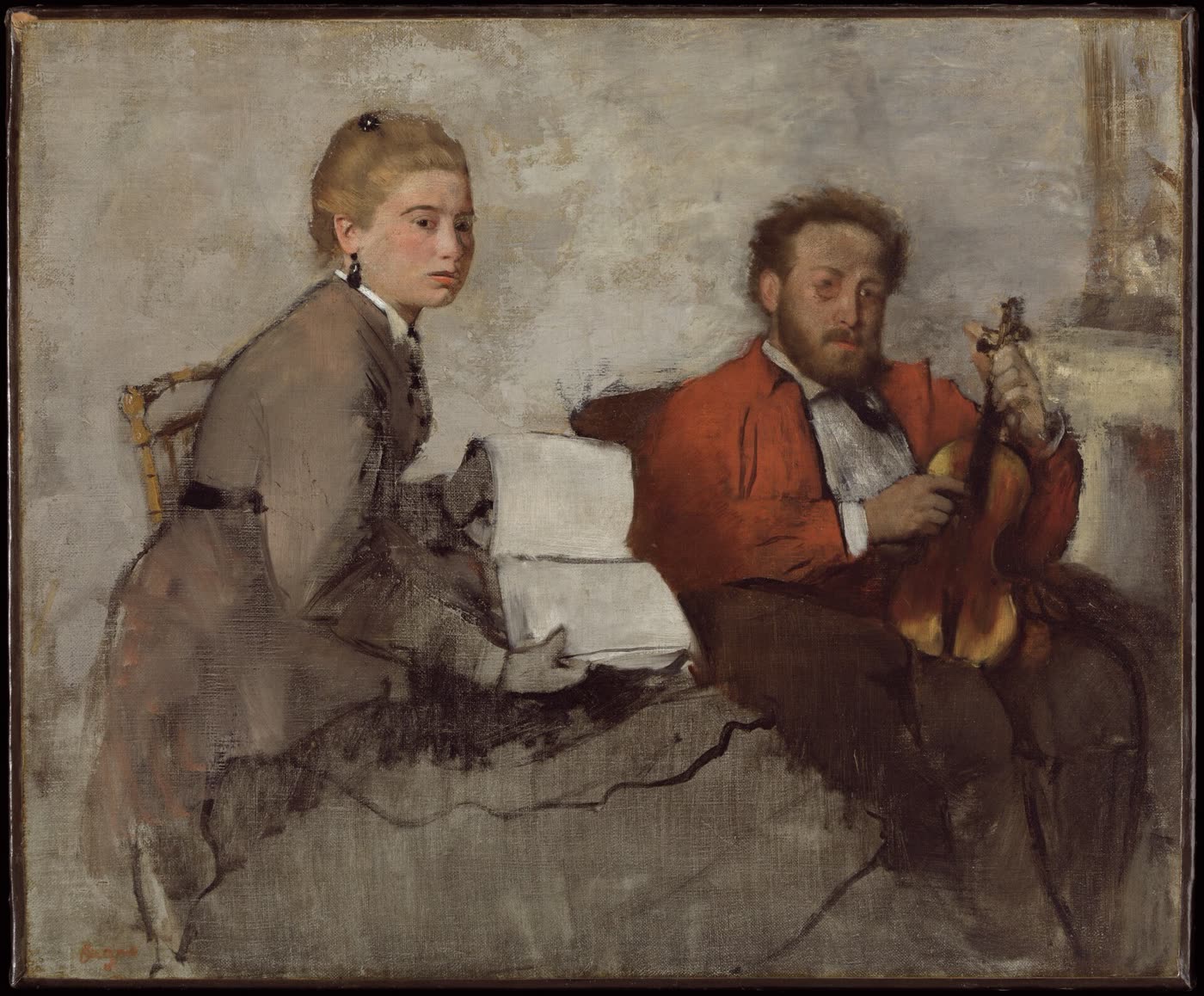Dipinto di Degas: un violinista con il violino in mano accanto a una giovane donna con uno spartito