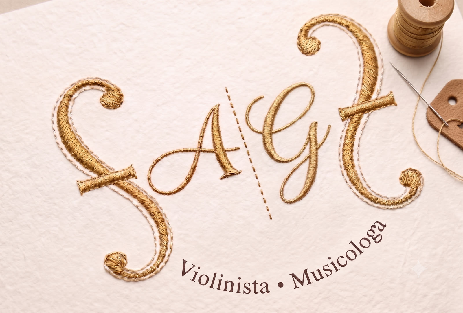 Il monogramma AG dell'atelier, ricamato in filo d'oro tra due effe di violino