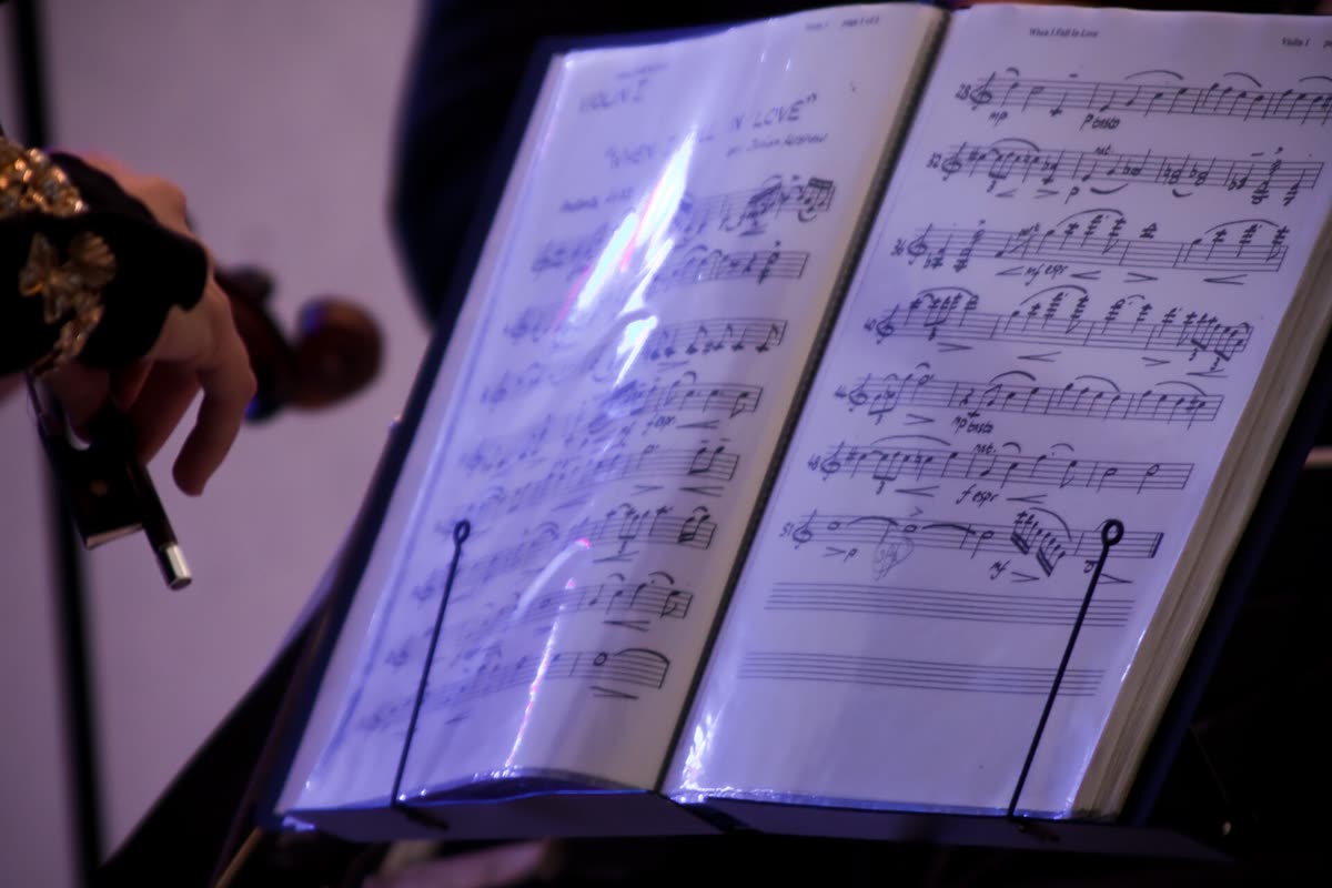 Spartito aperto su un leggio durante un concerto
